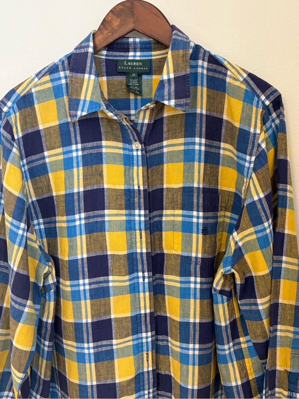 Lauren Ralph Lauren 100% Linen Yellow,Navy,Blue Plaid Women Button-Down Shirt 2X - Picture 4 of 4